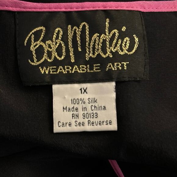 Bob Mackie Wearable Art Plus Size 1X Silk Shell Tank Top Black Pink Trim - Picture 4 of 5